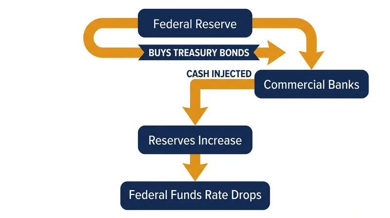 How purchasing securities injects liquidity into the banking system and lowers borrowing costs.