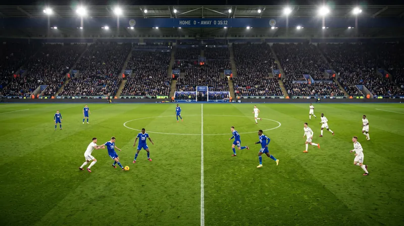 A wide, high-angle view of a professional soccer match showing players distributed across the midfield in a tactical formation.