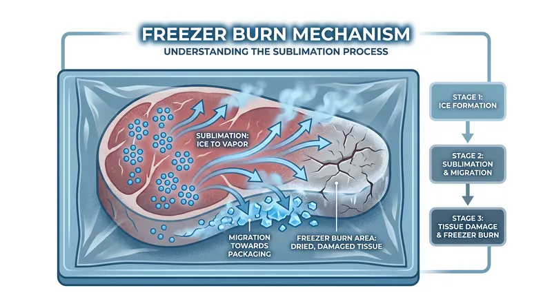 Freezer burn occurs when water molecules sublimate from the food and migrate to colder surfaces, leaving the food dehydrated.