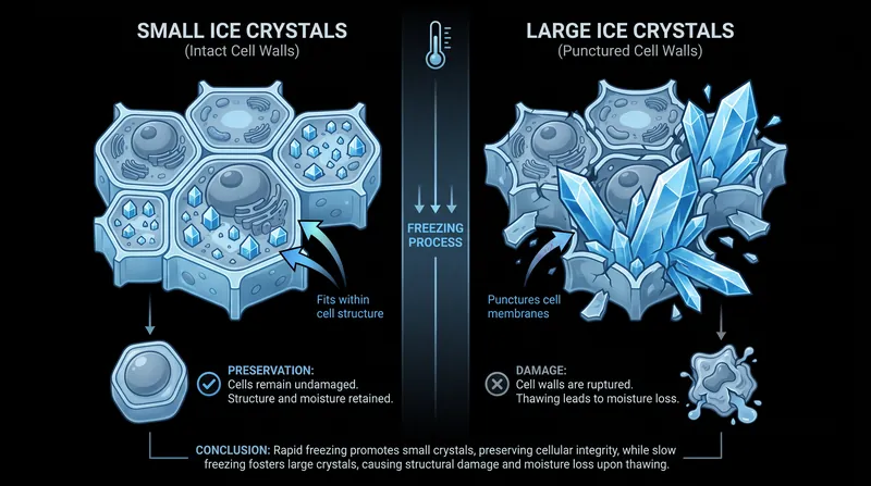 Temperature fluctuations cause ice crystals to grow, puncturing cell walls and degrading texture.