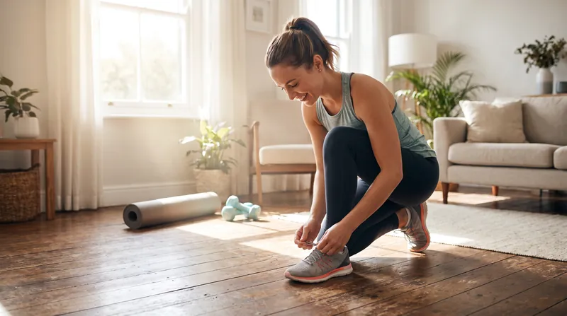 A person tying their running shoes in a bright living room, preparing for a workout.