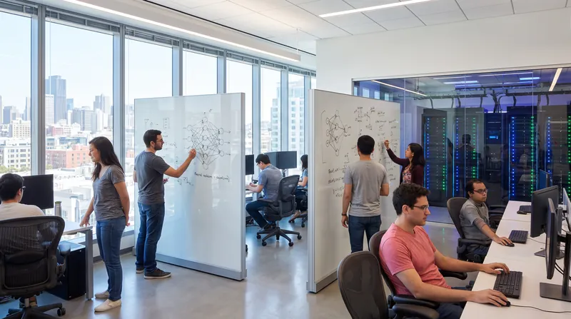 A modern artificial intelligence research laboratory with glass whiteboards and server racks.