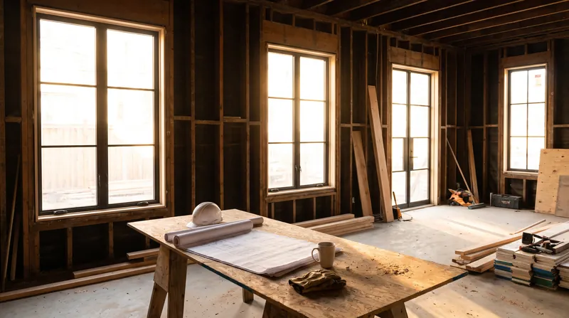 A partially framed interior of a residential home under construction with architectural blueprints on a table.