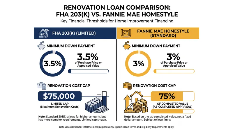 Fannie Mae's HomeStyle program requires a lower down payment for first-time buyers than the FHA 203(k).