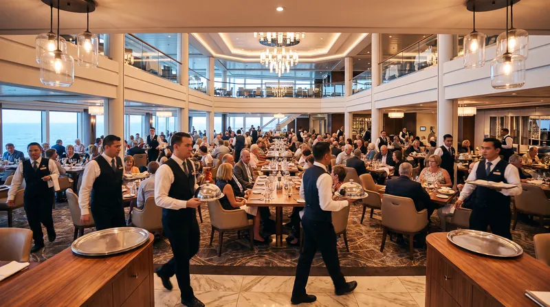 Uniformed waitstaff carrying trays of food between tables in a brightly lit cruise ship dining room.