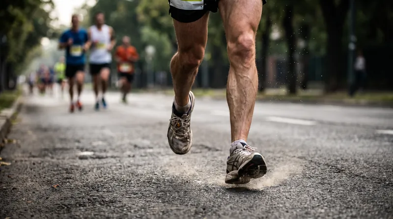 Close-up view of a marathon runner's muscular legs striding on an asphalt road in daylight.