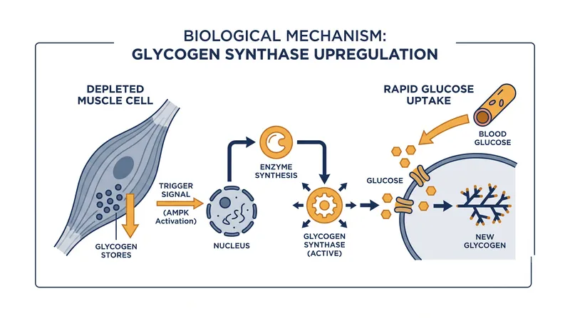 Severe energy depletion removes the natural inhibition on glycogen synthase, priming the muscle for aggressive glucose uptake.
