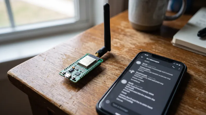A small ESP32 microcontroller board with a black radio antenna sitting on a wooden table next to a smartphone.