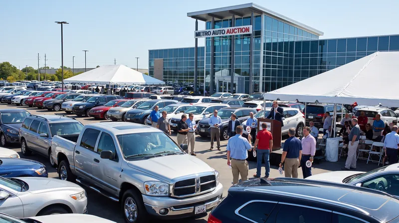Rows of diverse vehicles parked neatly at a large outdoor auto auction facility on a sunny day.