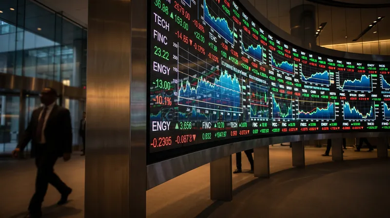 A glowing digital display showing complex financial data and stock market charts in a dark room.