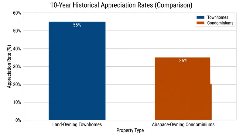 Townhomes historically capture a larger share of market appreciation due to the underlying land value.
