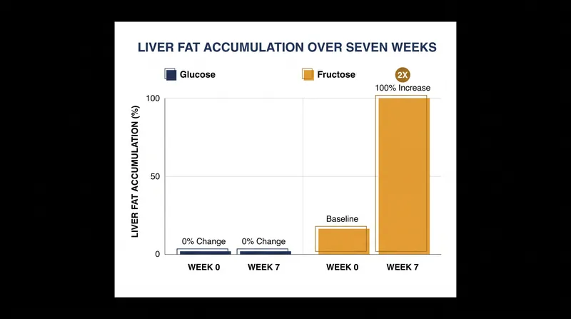 In a 2021 clinical trial, participants consuming 80 grams of liquid fructose daily saw their liver fat double, while those consuming glucose saw no change.