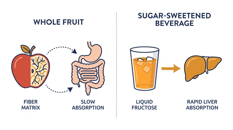 The fibrous matrix of whole fruit slows fructose absorption, preventing the liver from being overwhelmed.