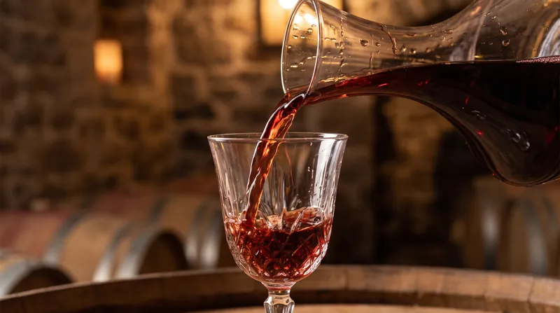 Close up of a deep red aged wine being poured into a crystal glass in a cellar.