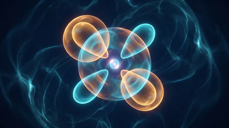 Abstract 3D rendering showing glowing spherical and dumbbell-shaped electron probability clouds overlapping around a central atomic nucleus.