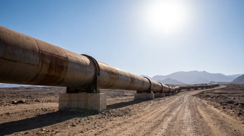 A large steel oil pipeline stretches across a flat, sandy desert landscape under a clear sky.