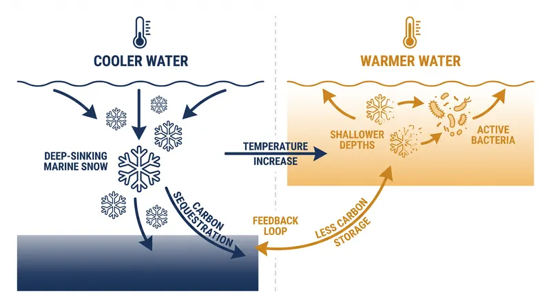 Warmer ocean temperatures accelerate bacterial metabolism, causing marine snow to be consumed shallower in the water column.