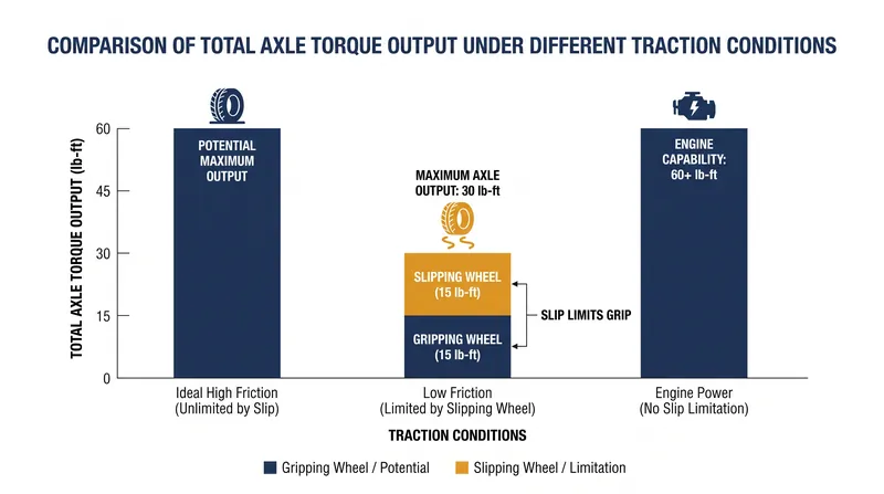 Total forward thrust is strictly limited to twice the torque capacity of the wheel with the least grip.
