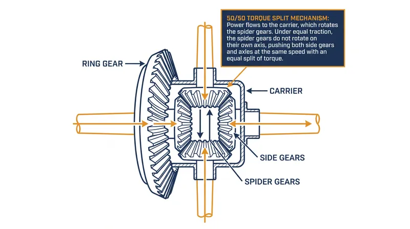 The spider gears inside an open differential act as a mechanical balance beam, ensuring equal force is applied to both axles at all times.