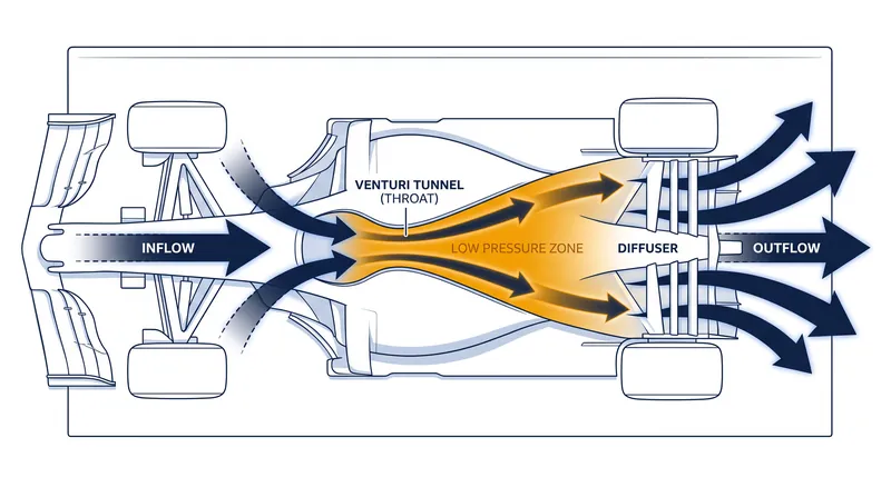 Air accelerates as it passes through the narrowest part of the floor, dropping the pressure and pulling the car toward the track.