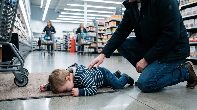 A toddler lies face down on a grocery store floor in a tantrum while a parent kneels calmly beside them.