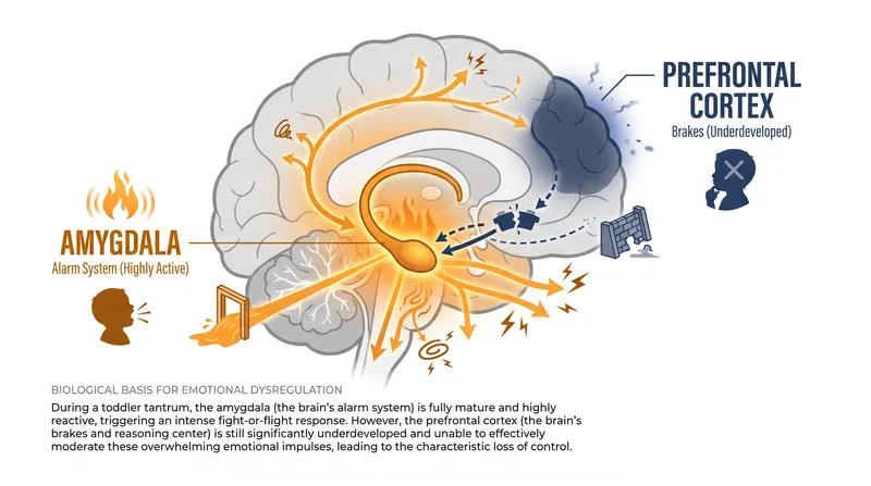The structural imbalance between the amygdala and the prefrontal cortex explains why reasoning with a screaming toddler is ineffective.