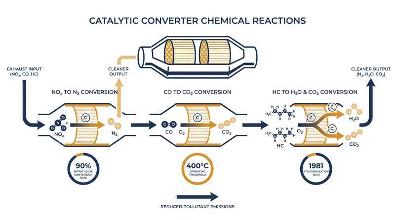 A three-way catalytic converter simultaneously runs reduction and oxidation reactions to neutralize the primary pollutants in gasoline exhaust.