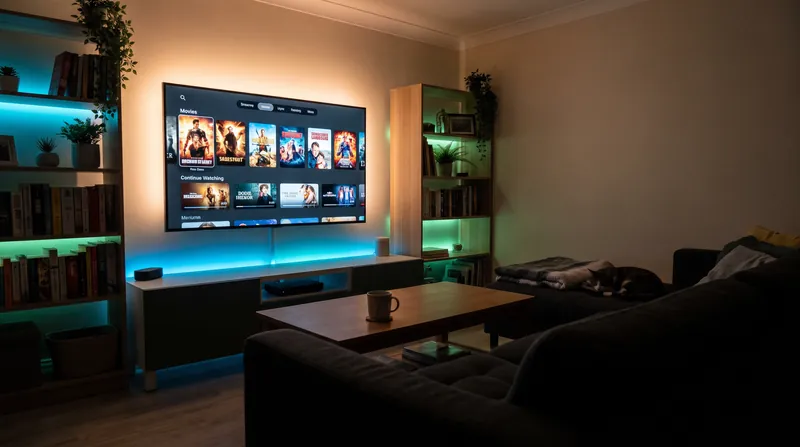 A glowing television screen in a dark living room displaying a movie title, representing home streaming.