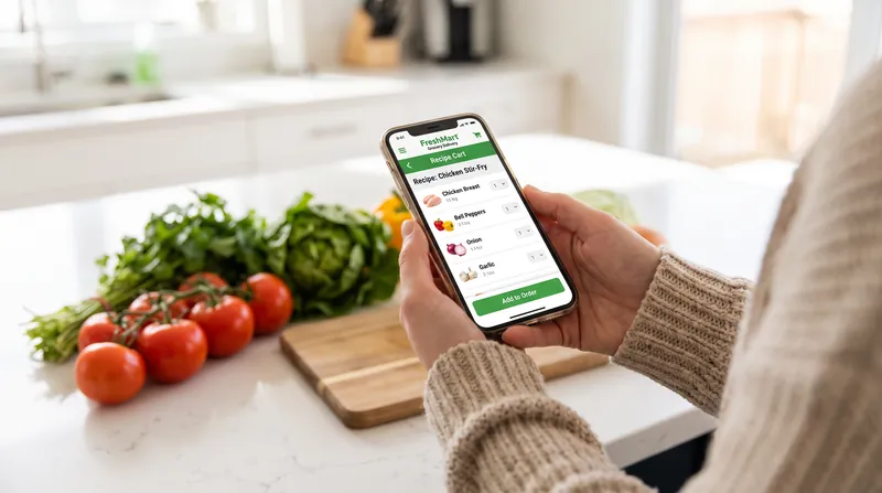 A person in a kitchen holding a smartphone displaying a grocery delivery application.
