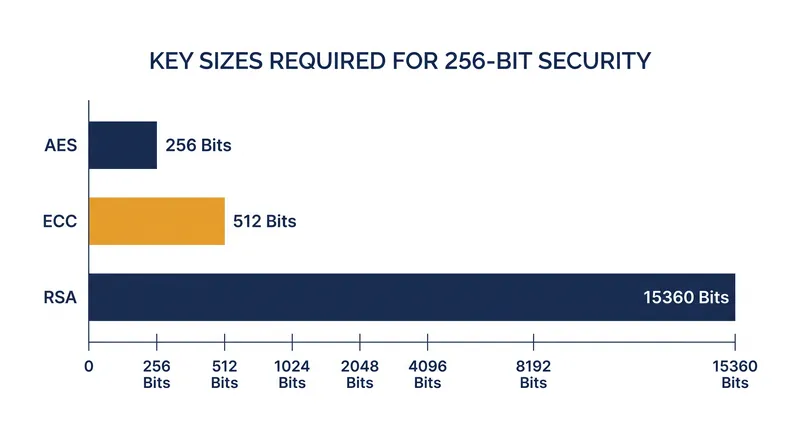 To achieve 256 bits of security, RSA requires a key 60 times larger than a symmetric algorithm like AES.