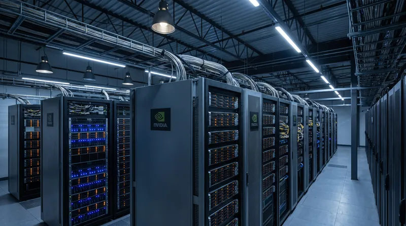 A brightly lit row of high-density AI server racks in a modern datacenter.