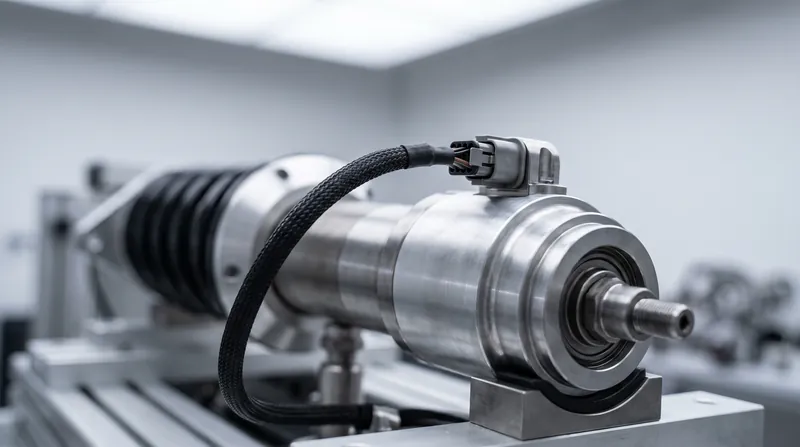 A close-up view of a metallic automotive suspension damper featuring an electrical connector for the internal electromagnetic coil.