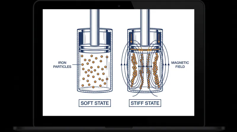 When an electromagnetic coil applies a field, iron particles in the fluid align to increase resistance.