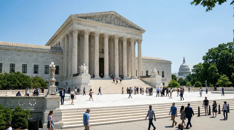 The exterior facade of the United States Supreme Court building in Washington D.C., featuring marble columns and wide steps.