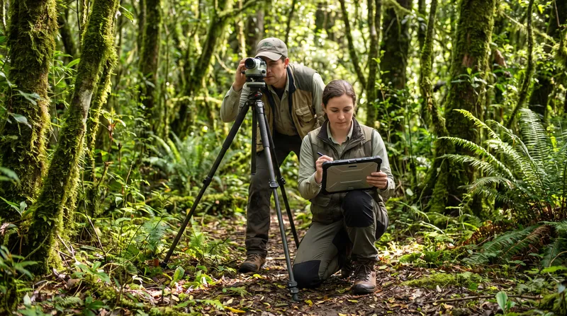 Conservation scientists conducting field research and population counts in a dense forest environment.