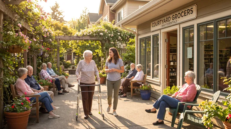 A senior woman and a caregiver walking together through a sunlit outdoor courtyard past a small grocery store storefront.