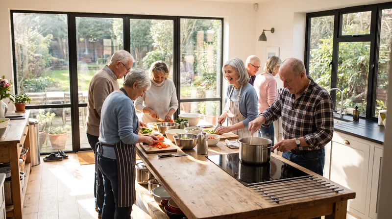 Residents in the village model live in small households and participate in daily routines like cooking and socializing.