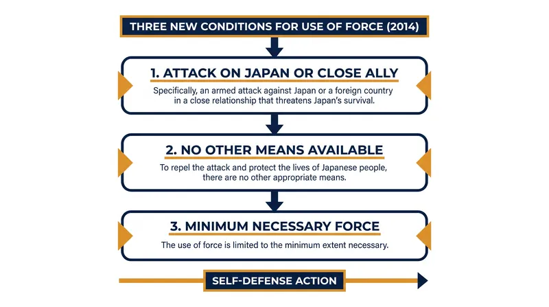 The 2014 Cabinet decision established three strict conditions that must be met before the Self-Defense Forces can use force.