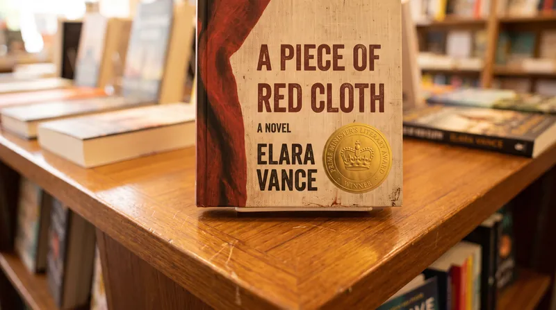 A close-up view of a novel on a wooden table featuring a gold literary award sticker.