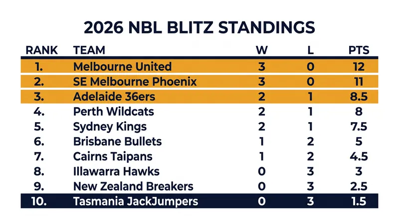 Final standings for the 2026 NBL Blitz tournament in Bendigo.