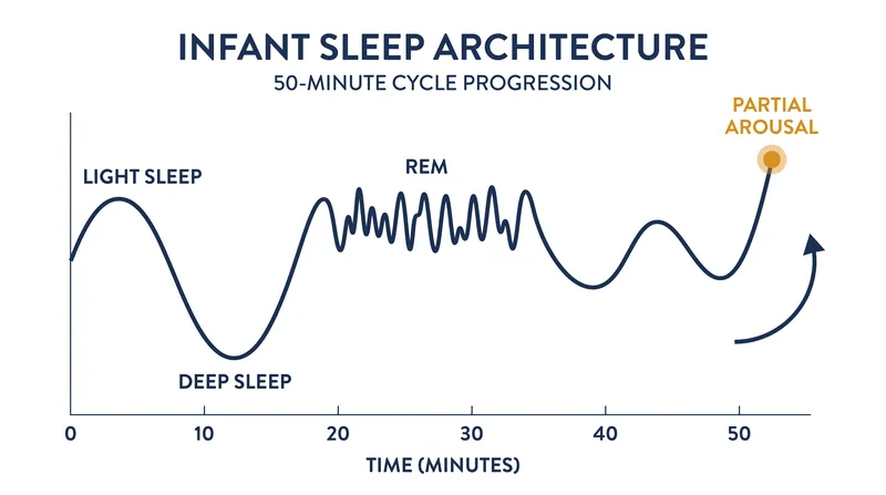 Infant sleep cycles last approximately 50 minutes, ending in a partial arousal where sleep associations are checked.