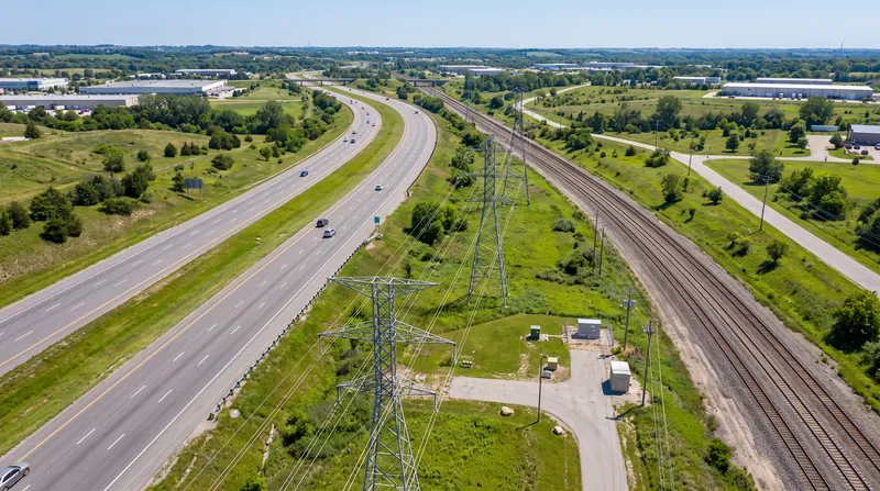 Aerial view of a multi-lane highway and railway track flanked by high-voltage transmission towers.