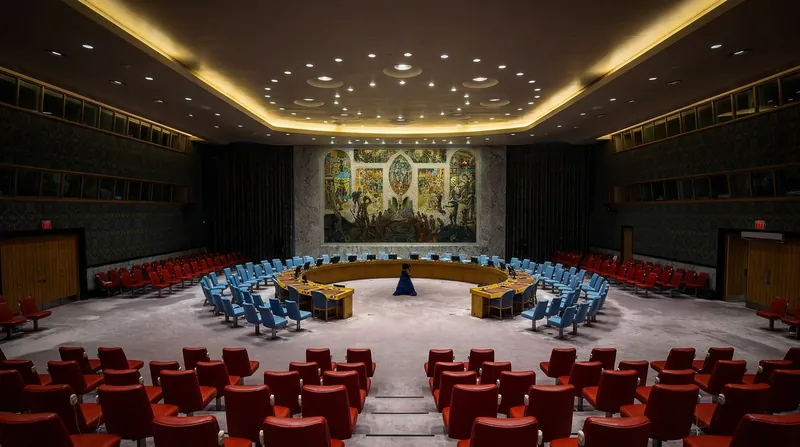 The circular table of the United Nations Security Council chamber in New York with delegates seated during a session.