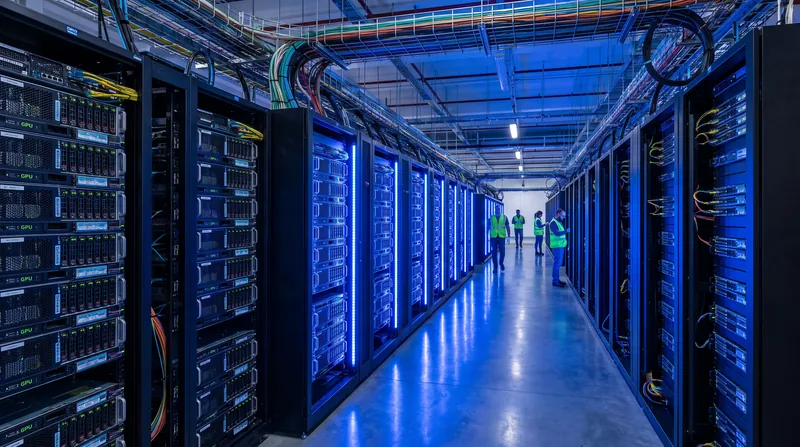 Rows of high-performance GPU server racks in a modern data center illuminated by blue LED lights.