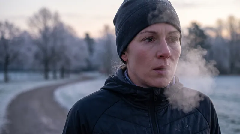 A runner exhaling a visible cloud of breath in cold air during a morning workout.