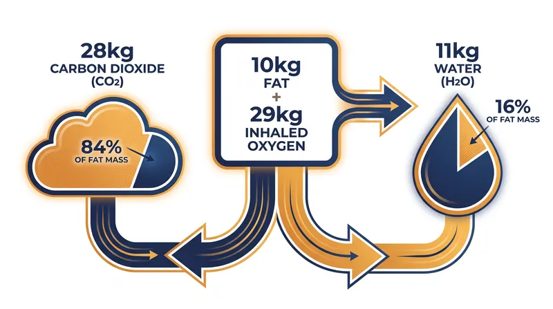 The mass balance of oxidizing 10 kilograms of human triglycerides.