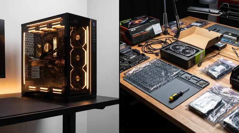 A split view showing a fully assembled gaming PC next to scattered computer components on a desk.