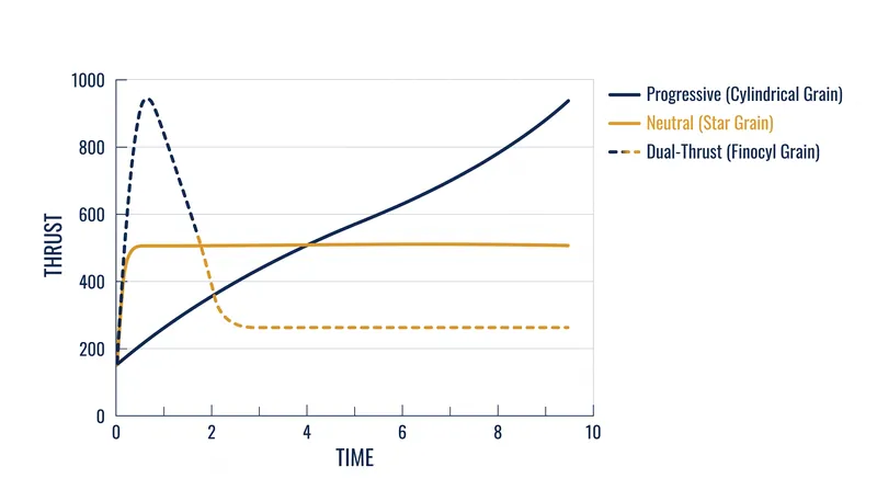 Different grain geometries produce radically different thrust profiles over the duration of a burn.