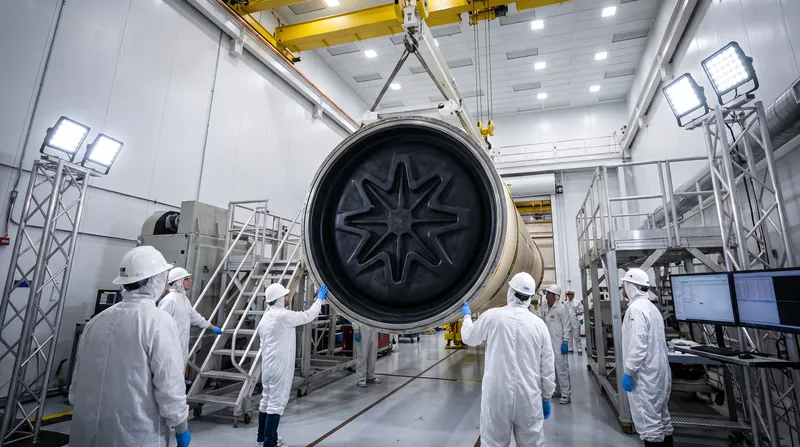A massive cylindrical solid rocket motor segment in a manufacturing facility, showing a complex star-shaped hollow core cast into the dark propellant.