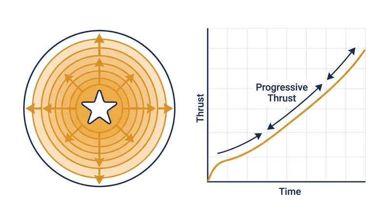 A simple cylindrical grain produces a progressive thrust curve as the internal burning area expands.